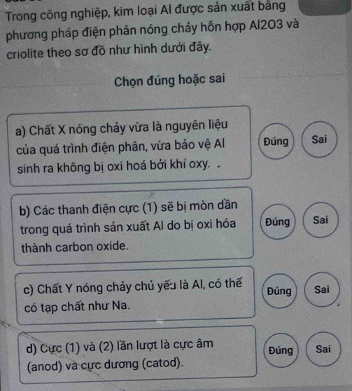 Trong công nghiệp, kim loại Al được sản xuất bằng
phương pháp điện phân nóng chảy hỗn hợp Al203 và
criolite theo sơ đồ như hình dưới đây.
Chọn đúng hoặc sai
a) Chất X nóng chảy vừa là nguyên liệu
của quá trình điện phân, vừa bảo vệ AI Đúng Sai
sinh ra không bị oxi hoá bởi khí oxy. .
b) Các thanh điện cực (1) sẽ bị mòn dần
trong quá trình sản xuất Al do bị oxi hóa Đúng Sai
thành carbon oxide.
c) Chất Y nóng chảy chủ yếu là Al, có thế Đúng Sai
có tạp chất như Na.
d) Cực (1) và (2) lần lượt là cực âm Đúng Sai
(anod) và cực dương (catod).