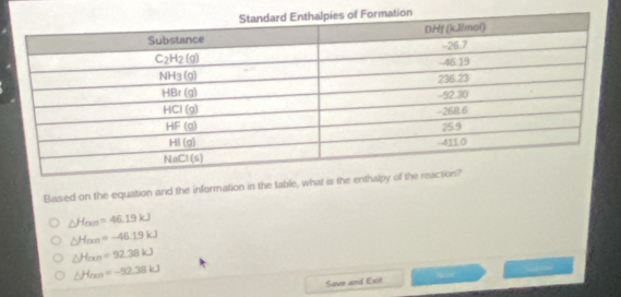 Based on the equation and the information in the table, what is the ent
△ H_cen=46.19kJ
△ H_an=-46.19kJ
△ H_rm=92.38kJ
△ H_rm=-92.38kJ
Save and Exit