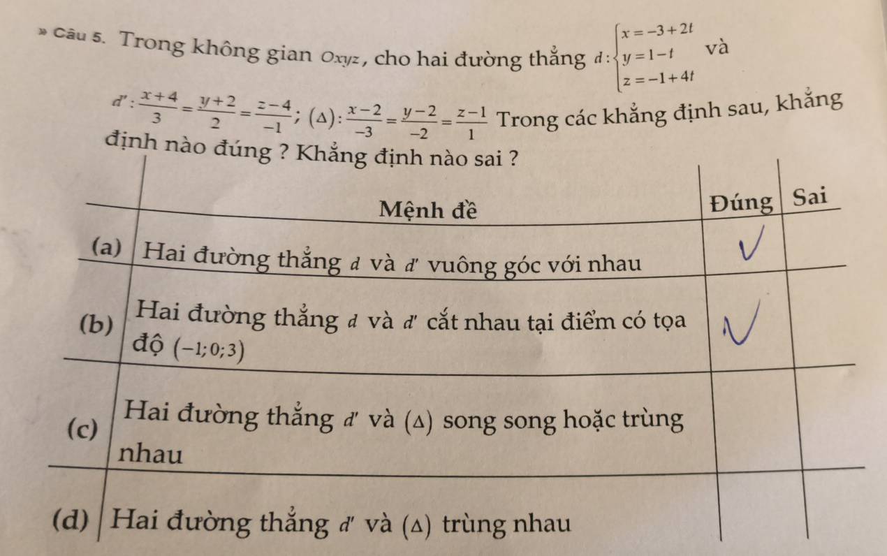 cầu 5. Trong không gian Oxyz, cho hai đường thẳng d:beginarrayl x=-3+2t y=1-t z=-1+4tendarray.
và
1':  (x+4)/3 = (y+2)/2 = (z-4)/-1 ; (△): Trong các khẳng định sau, khắng