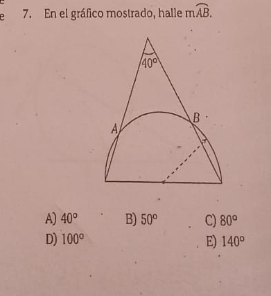 ρ 7. En el gráfico mostrado, halle mwidehat AB.
A) 40° B) 50° C) 80°
D) 100° E) 140°