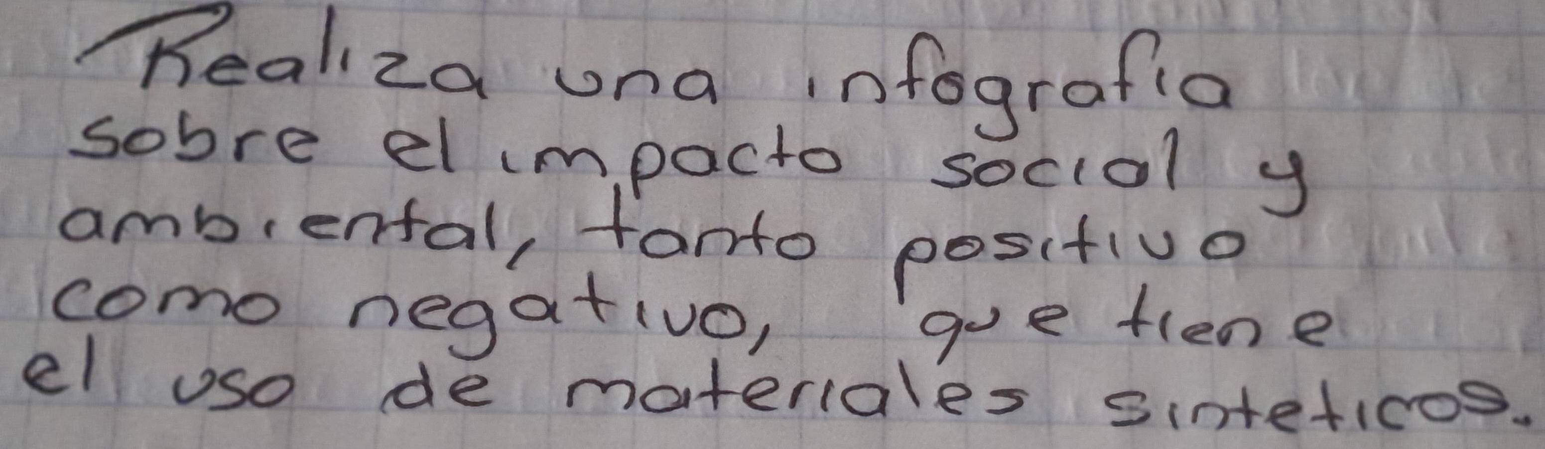 Realiza una infografia 
sobre el impacto sociol y 
ambiental, fonto positivo 
como negativo, goe flene 
el uso de materiales sinteticos.