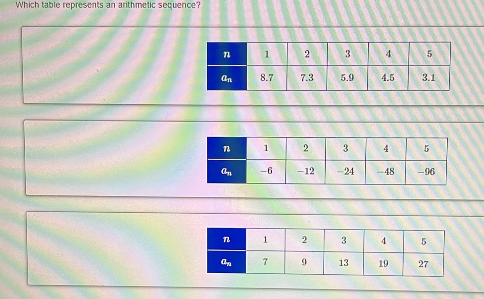 Which table represents an arithmetic sequence?