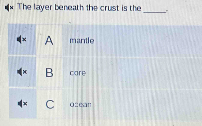 × The layer beneath the crust is the _.