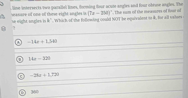 Solved: line intersects two parallel lines, forming four acute angles ...