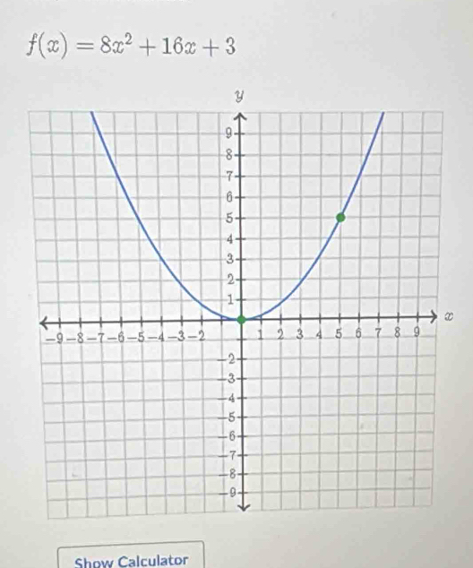 f(x)=8x^2+16x+3
x
Show Calculator