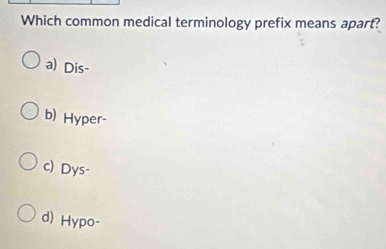 Which common medical terminology prefix means apart?
a) Dis-
b) Hyper-
c) Dys-
d) Hypo-