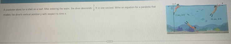 A snorkeler dives for a shell on a reef. After entering the water, the diver descends  7/2  ft in one second. Whrite an equation for a parabola that 
models the diver's vertical position y with respect to time x