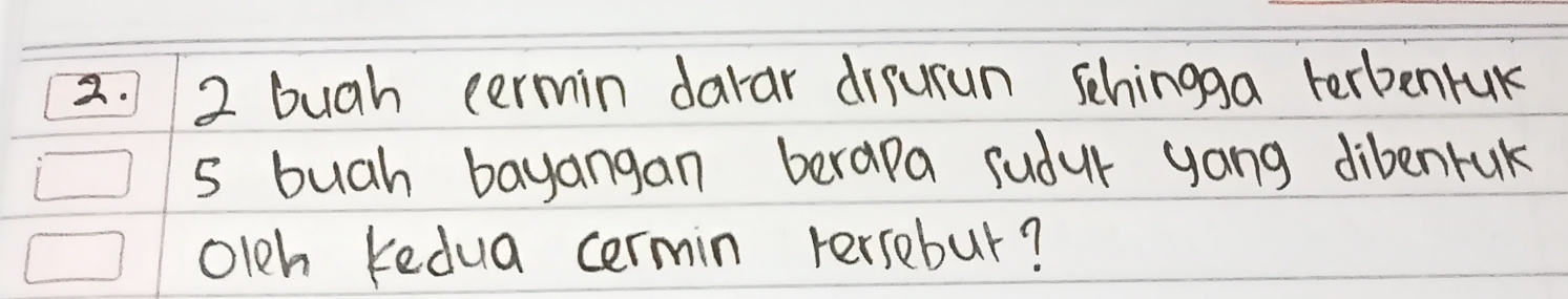 bugh cermin darar disurun sehingga terbenruk 
s buah bayangan berapa sudur yong dibenruk 
olch Kedua cermin tersebur?