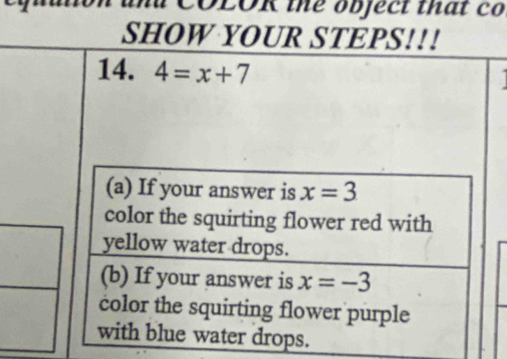 and COLOK the object that co
SHOW YOUR STEPS!!!
14. 4=x+7