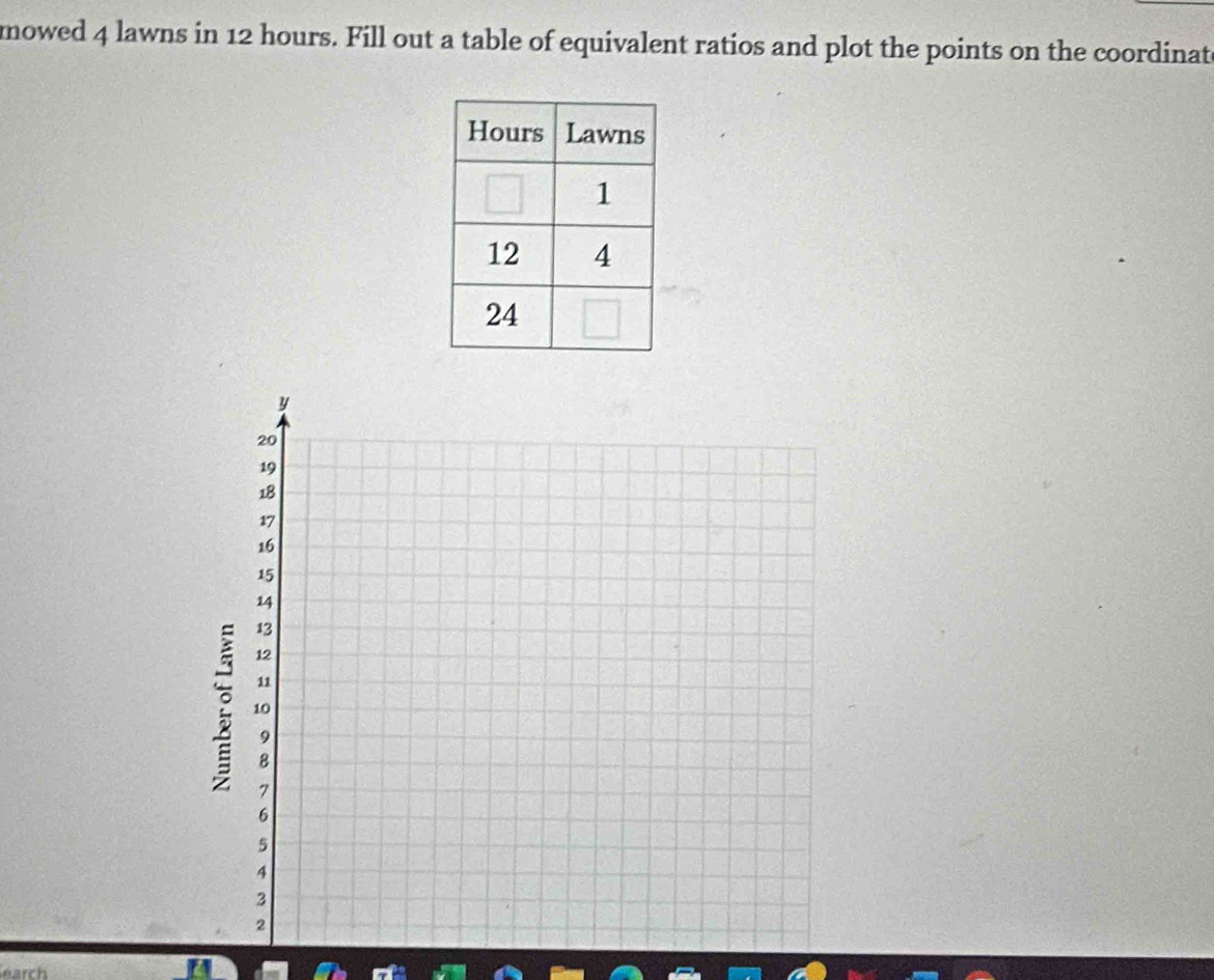 mowed 4 lawns in 12 hours. Fill out a table of equivalent ratios and plot the points on the coordinat