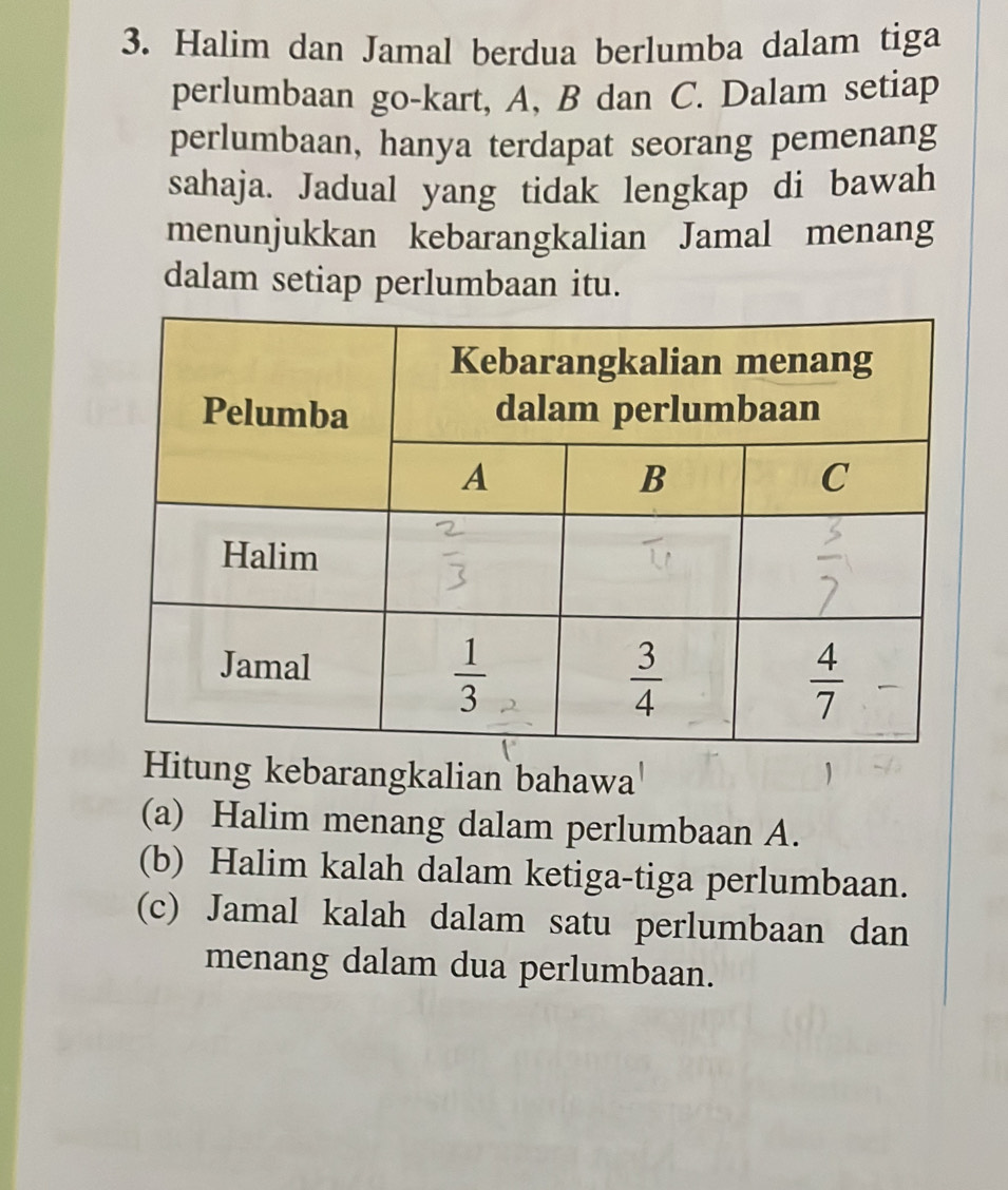 Halim dan Jamal berdua berlumba dalam tiga
perlumbaan go-kart, A, B dan C. Dalam setiap
perlumbaan, hanya terdapat seorang pemenang
sahaja. Jadual yang tidak lengkap di bawah
menunjukkan kebarangkalian Jamal menang
dalam setiap perlumbaan itu.
Hitung kebarangkalian bahawa 1
(a) Halim menang dalam perlumbaan A.
(b) Halim kalah dalam ketiga-tiga perlumbaan.
(c) Jamal kalah dalam satu perlumbaan dan
menang dalam dua perlumbaan.