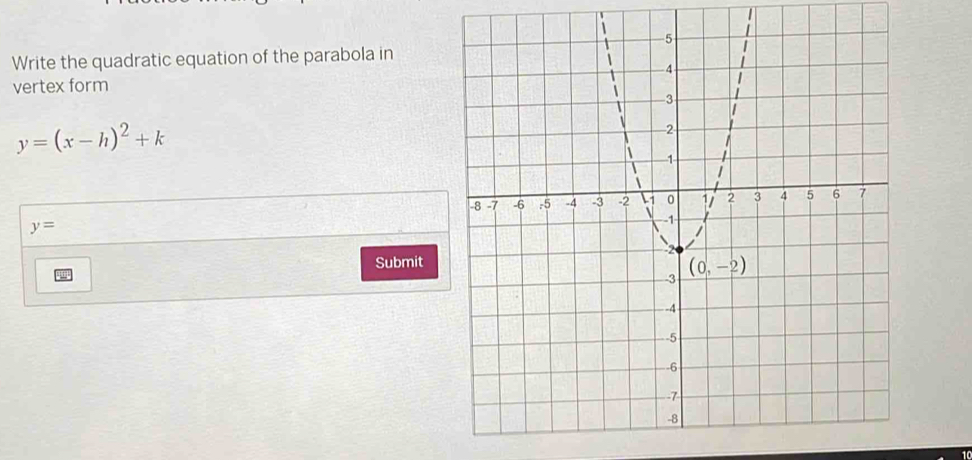 Write the quadratic equation of the parabola in
vertex form
y=(x-h)^2+k
y=
Submit