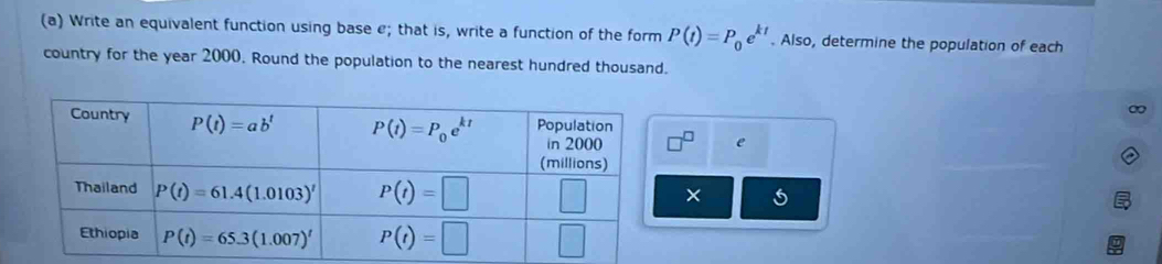 Write an equivalent function using base e; that is, write a function of the form P(t)=P_0e^(kt). Also, determine the population of each
country for the year 2000, Round the population to the nearest hundred thousand.
e
×