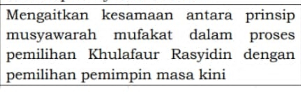 Mengaitkan kesamaan antara prinsip 
musyawarah mufakat dalam proses 
pemilihan Khulafaur Rasyidin dengan 
pemilihan pemimpin masa kini