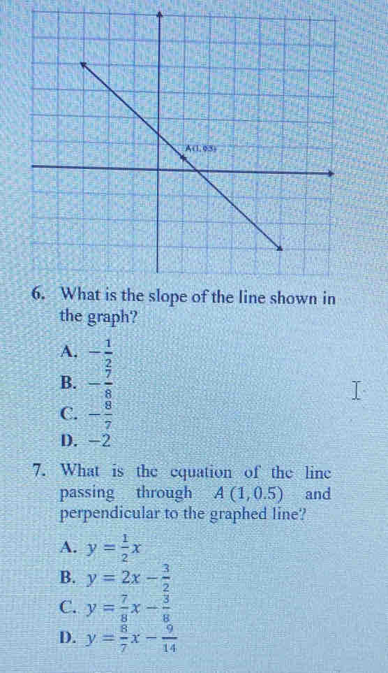 the graph?
A. - 1/2 
B. - 7/8 
C. - 8/7 
D. -2
7. What is the equation of the line
passing through A(1,0.5) and
perpendicular to the graphed line?
A. y= 1/2 x
B. y=2x- 3/2 
C. y= 7/8 x- 3/8 
D. y= 8/7 x- 9/14 