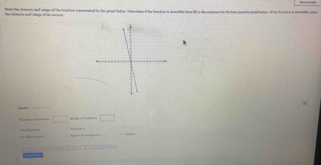 Suse Enorgdrn 
State the domain and range of the function represented by the graph below. Determine if the function is invertible then fill in the sentence for the best possible justification. If the function is invertible, state 
the domain and range of its inverse. 
Anawes 
Deensán of function □ Rance of hetion □ 
The function I a i 
in other words iputs are mapped to outpit 

=;; A===