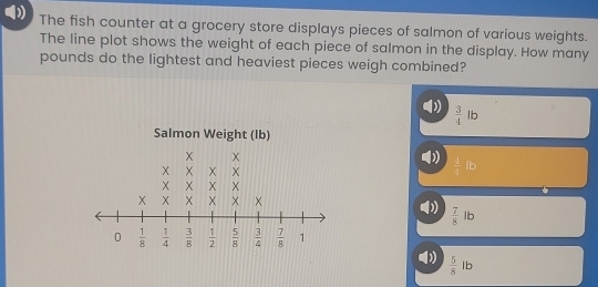 The fish counter at a grocery store displays pieces of salmon of various weights.
The line plot shows the weight of each piece of salmon in the display. How many
pounds do the lightest and heaviest pieces weigh combined?
 3/4  lb
 □ /□  
 7/8 lb
 5/8 lb