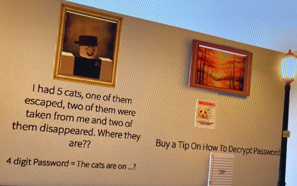 hae of them 
The 
escaped, two of them were 
taken from me and two of 
them disappeared. Where they Buy a Tip On How To Decrypt Password 
are??
4 digit Password = The cats are on ...? TIP