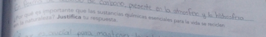 ¿Por que es importante que las sustancias químicas esenciales para la vida se recicles 
en la naturaleza? Justifica tu respuesta.