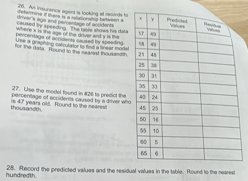 An insurance agent is looking at records to 
determine if there is a relationship between a 
driver's age and percentage of accidents 
caused by speeding. The table shows his data 
where x is the age of the driver and y is the 
percentage of accidents caused by speeding. 
Use a graphing calculator to find a linear model 
for the data. Round to the nearest thousandth. 
27. Use the model found in #26 to predict the 
percentage of accidents caused by a driver who 
is 47 years old. Round to the nearest 
thousandth. 
28. Record the predicted values and the residual values in the table. Round to the nearest 
hundredth.