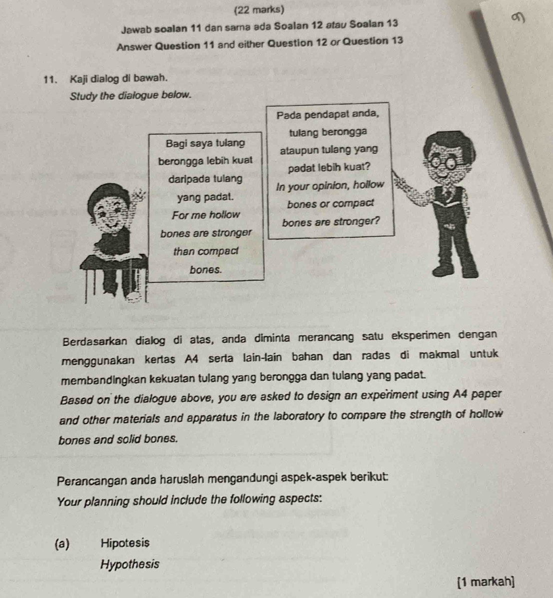 Jawab soalan 11 dan sama ada Soalan 12 atau Soalan 13 
Answer Question 11 and either Question 12 or Question 13 
11. Kaji dialog di bawah. 
Study the dialogue below. 
Pada pendapat anda, 
tulang berongga 
Bagi saya tulang ataupun tulang yang 
berongga lebih kuat 
padat lebih kuat? 
daripada tulang 
In your opinion, hollow 
yang padat. 
bones or compact 
For me hollow 
bones are stronger? 
bones are stronger 
than compact 
bones. 
Berdasarkan dialog di atas, anda diminta merancang satu eksperimen dengan 
menggunakan kertas A4 serta lain-lain bahan dan radas di makmal untuk 
membandingkan kekuatan tulang yang berongga dan tulang yang padat. 
Based on the dialogue above, you are asked to design an experiment using A4 paper 
and other materials and apparatus in the laboratory to compare the strength of hollow 
bones and solid bones. 
Perancangan anda haruslah mengandungi aspek-aspek berikut: 
Your planning should include the following aspects: 
(a) Hipotesis 
Hypothesis 
[1 markah]