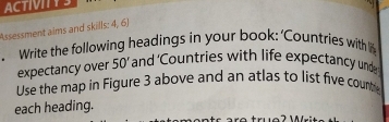 ACTIVITTS 
Assessment aims and skills: 4, 6) 
. Write the following headings in your book: ‘Countries with 
expectancy over 50 ’ and ‘Countries with life expectancy unde 
Use the map in Figure 3 above and an atlas to list five count 
each heading.