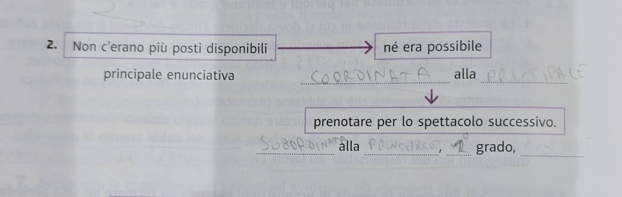 Non c'erano più posti disponibili né era possibile 
_ 
principale enunciativa alla 
_ 
prenotare per lo spettacolo successivo. 
_alla __grado, 
1 
_