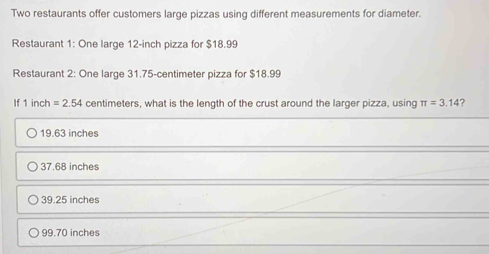 Solved: Two restaurants offer customers large pizzas using different ...