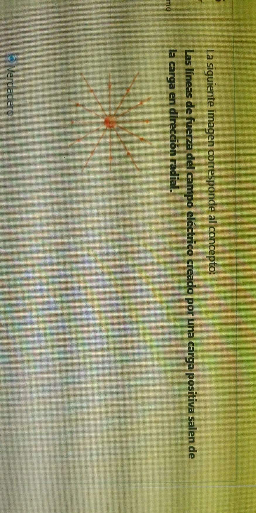 La siguiente imagen corresponde al concepto:
Las líneas de fuerza del campo eléctrico creado por una carga positiva salen de
mo
la carga en dirección radial.
Verdadero
