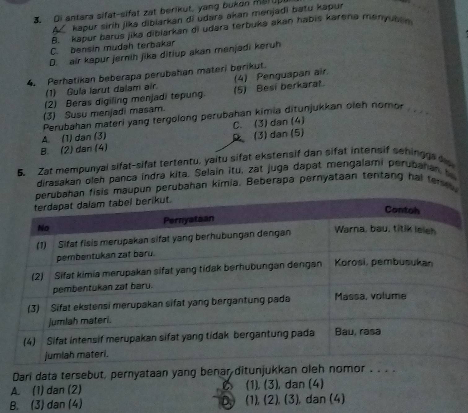 Di antara sifat-sifat zat berikut, yang bukon merup
A kapur sirih jika dibiarkan di udara akan menjadi batu kapur
B. kapur barus jika dibiarkan di udara terbuka akan habis karena menyublm
C. bensin mudah terbakar
D. air kapur jernih jika ditiup akan menjadi keruh
4. Perhatikan beberapa perubahan materi berikut.
(1) Gula larut dalam air. (4) Penguapan air.
(2) Beras digiling menjadi tepung. (5) Besi berkarat.
(3) Susu menjadi masam.
Perubahan materí yang tergolong perubahan kimia ditunjukkan oleh nomor .
A. (1) dan (3) C. (3) dan (4)
D
B. (2) dan (4) (3) dan (5)
5. Zat mempunyai sifat-sifat tertentu, yaitu sifat ekstensif dan sifat intensif sehingg 
dirasakan oleh panca indra kita. Selain itu, zat juga dapat mengalami perubahan t
n fisis maupun perubahan kimia. Beberapa pernyataan tentang hal ters
Dari data tersebut, pernyataan yang benar ditunjuk
A. (1) dan (2) a (1), (3), dan (4)
B. (3) dan (4) D.) (1), (2), (3), dan (4)