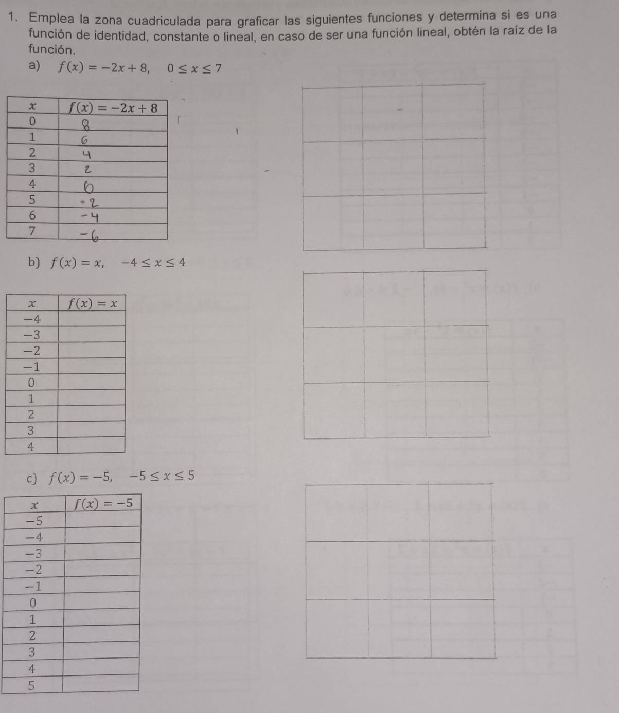 Emplea la zona cuadriculada para graficar las siguientes funciones y determina si es una
función de identidad, constante o lineal, en caso de ser una función lineal, obtén la raíz de la
función.
a) f(x)=-2x+8,0≤ x≤ 7
b) f(x)=x,-4≤ x≤ 4
c) f(x)=-5,-5≤ x≤ 5