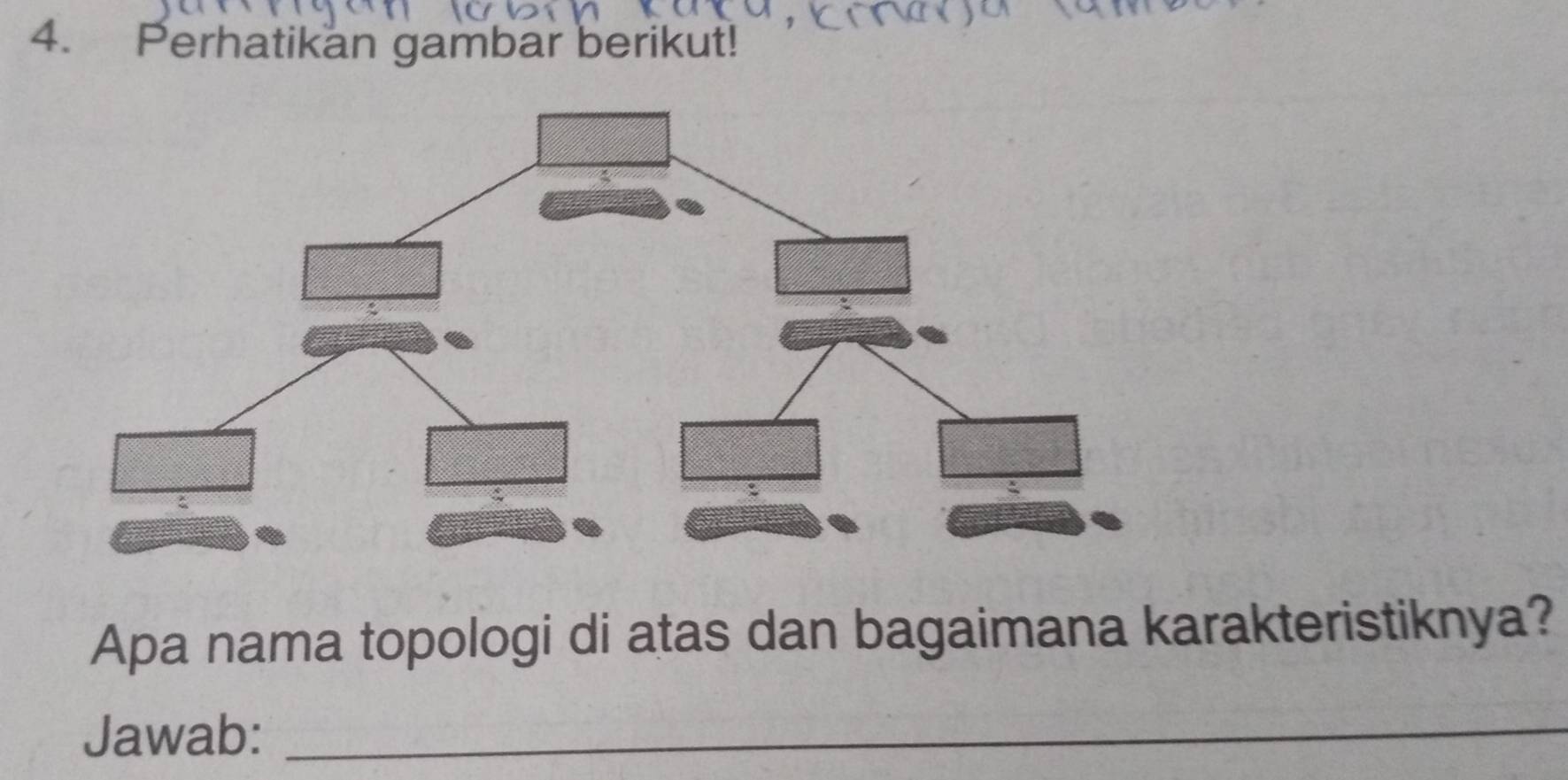 Perhatikan gambar berikut! 
Apa nama topologi di atas dan bagaimana karakteristiknya? 
Jawab:_