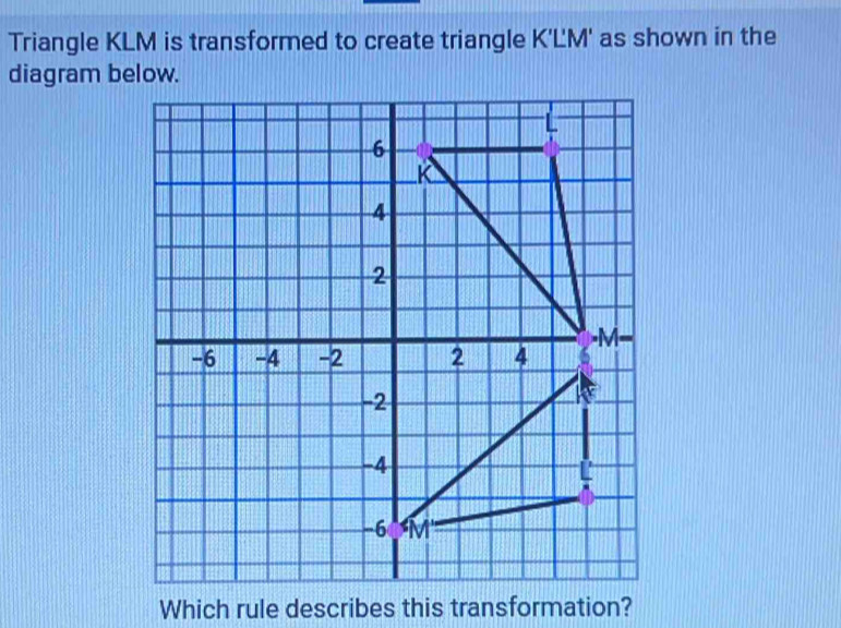 Solved: Triangle KLM is transformed to create triangle K'LM' as shown ...
