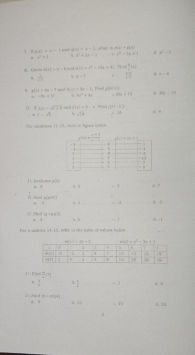 If p(x)=x-1 and q(x)=x-1 , what is p(x)· q(x)
n. x^2+1 b. x^2+2x-1 C. x^2-2x+1 d. x^2-1
8、 Given h(x)=x-6 and s(x)=x^2-13x+42 Find  h/s (x).
a.  1/x-7  b, x-7 C.  (x-4)/x-7  d x-6
9. g(x)=6x-7 and h(x)=5x-1 , Find g(h(x))
R -9x+11 b. 9x^2+4x 30x+13 d. 30x-13
1C. If f(x)=sqrt(x+6) and k(x)=9-x. Find f(k(-1))
- a. 9-sqrt(5) b. sqrt(14) c. 16 d. 4
For numbers 11-13, reer to figure below
11. Evoluate p(5) d. 7
a. 0 b. 3 c. 2
1.Find q(p(0)).
a. -3 b. 1 c, -3 d. -5
13.Find (qcirc p)(3)
a. 3 b. 5 c. 7 d. -1
For numbers 14-15, refer to the table of values below
14. Find  m/n (7)
b. c.  1
a.  4/9   9/4  d. 0
15.Find (n+m)(4)
a. 9 b. 16 ∴ 19 d. 36
2