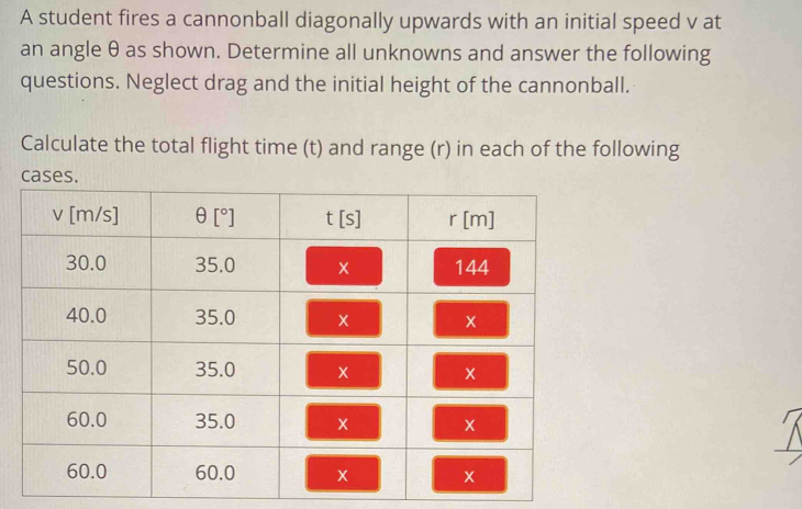 A student fires a cannonball diagonally upwards with an initial speed v at 
an angle θ as shown. Determine all unknowns and answer the following 
questions. Neglect drag and the initial height of the cannonball. 
Calculate the total flight time (t) and range (r) in each of the following