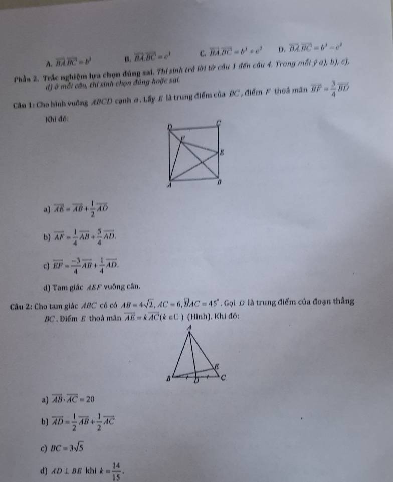 A. vector BA.vector BC=b^2 B. vector BA.vector BC=c^2 C. vector BA.vector BC=b^3+c^3 D. overline BA.overline BC=b^3-c^3
Phần 2. Trắc nghiệm lựa chọn đúng sai. Thí sinh trở lời từ câu 1 đến câu 4. Trong mô ((ya),b),c), 
d) ở mỗi câu, thí sinh chọn đáng hoặc sai.
Câu 1: Cho hình vuỡng ABCD cạnh a . Lấy £ là trung điểm của BC , điểm F thoá mãn vector BF= 3/4 vector BD
Khi đồ:
a) overline AE=overline AB+ 1/2 overline AD
b) overline AF= 1/4 overline AB+ 5/4 overline AD.
c) vector EF= (-3)/4 vector AB+ 1/4 vector AD. 
d) Tam giác AEF vuông cân.
Câu 2: Cho tam giác ABC có có AB=4sqrt(2), AC=6, widehat BAC=45°. Gọi D là trung điểm của đoạn thắng
BC . Điểm E thoả mãn vector AE=kvector AC(k∈ □ ) (Hình). Khi đó:
a) overline AB· overline AC=20
b) overline AD= 1/2 overline AB+ 1/2 overline AC
c) BC=3sqrt(5)
d) AD⊥ BE khi k= 14/15 .