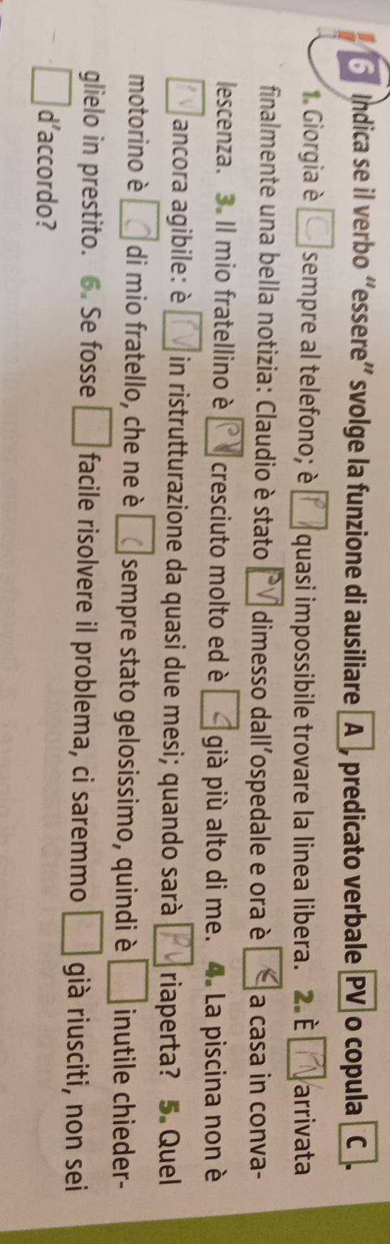 Indica se il verbo “essere” svolge la funzione di ausiliare [A], predicato verbale (PV o copula C 
1. Giorgia è sempre al telefono; è P quasi impossibile trovare la linea libera. 2. È arrivata 
finalmente una bella notizia: Claudio è stato dimesso dall'ospedale e ora è ≤slant a casa in conva- 
lescenza. 3. Il mio fratellino è cresciuto molto ed è < già più alto di me. 4. La piscina non è 
ancora agibile: è in ristrutturazione da quasi due mesi; quando sarà riaperta? 5. Quel 
motorino è di mio fratello, che ne è ( sempre stato gelosissimo, quindi è  □ inutile chieder- 
glielo in prestito. 6. Se fosse □ facile risolvere il problema, ci saremmo □ già riusciti, non sei 
□ d’accordo?