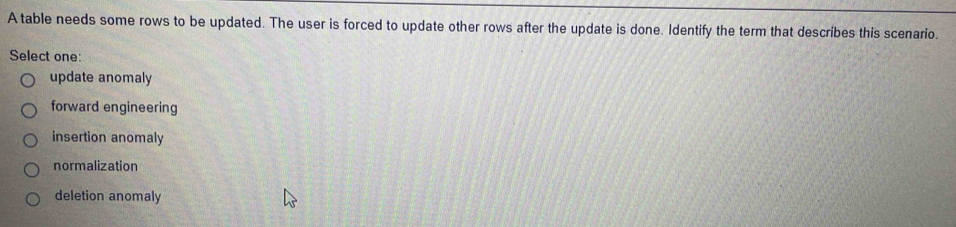 A table needs some rows to be updated. The user is forced to update other rows after the update is done. Identify the term that describes this scenario.
Select one:
update anomaly
forward engineering
insertion anomaly
normalization
deletion anomaly