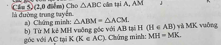 Câu 5,(2,0 điểm) Cho △ ABC cân tại A, AM
là đường trung tuyến. 
a) Chứng minh: △ ABM=△ ACM. 
b) Từ M kẻ MH vuông góc với AB tại H (H∈ AB) và MK vuông 
góc với AC tại K (K∈ AC). Chứng minh: MH=MK.