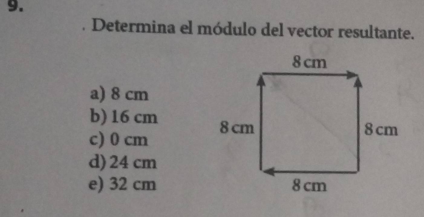 Determina el módulo del vector resultante.
a) 8 cm
b) 16 cm
c) 0 cm
d) 24 cm
e) 32 cm