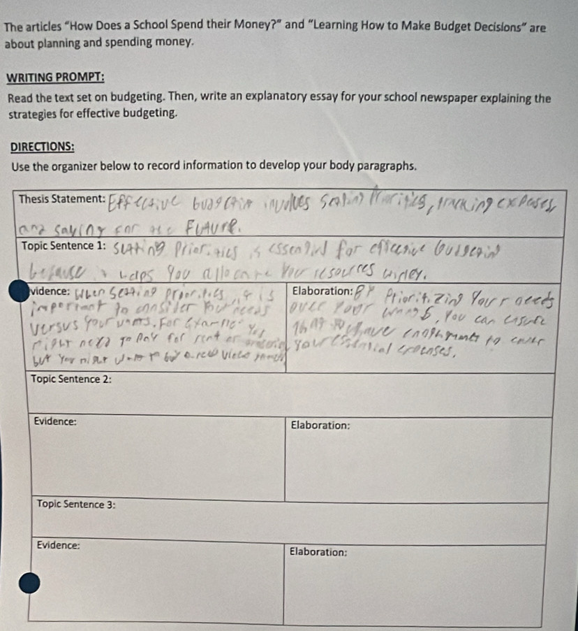 The articles “How Does a School Spend their Money?” and “Learning How to Make Budget Decisions” are 
about planning and spending money. 
WRITING PROMPT: 
Read the text set on budgeting. Then, write an explanatory essay for your school newspaper explaining the 
strategies for effective budgeting. 
DIRECTIONS: 
Use the organizer below to record information to develop your body paragraphs. 
T