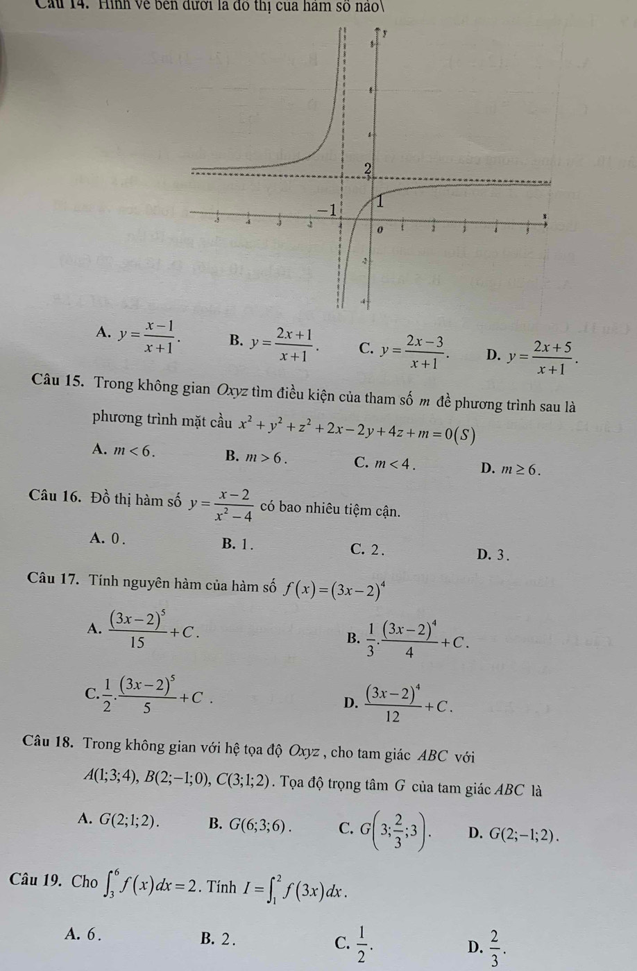 Cau 14. Hình về bên đưới là dó thị của ham số nao
A. y= (x-1)/x+1 . B. y= (2x+1)/x+1 . C. y= (2x-3)/x+1 . D. y= (2x+5)/x+1 .
Câu 15. Trong không gian Oxyz tìm điều kiện của tham số m đề phương trình sau là
phương trình mặt cầu x^2+y^2+z^2+2x-2y+4z+m=0(S)
A. m<6. B. m>6. C. m<4. D. m≥ 6.
Câu 16. Đồ thị hàm số y= (x-2)/x^2-4  có bao nhiêu tiệm cận.
A. 0 . B. 1 . C. 2 . D. 3 .
Câu 17. Tính nguyên hàm của hàm số f(x)=(3x-2)^4
A. frac (3x-2)^515+C.
B.  1/3 · frac (3x-2)^44+C.
C.  1/2 .frac (3x-2)^55+C.
D. frac (3x-2)^412+C.
Câu 18. Trong không gian với hệ tọa độ Oxyz , cho tam giác ABC với
A(1;3;4),B(2;-1;0),C(3;1;2). Tọa độ trọng tâm G của tam giác ABC là
A. G(2;1;2). B. G(6;3;6). C. G(3; 2/3 ;3). D. G(2;-1;2).
Câu 19. Cho ∈t _3^(6f(x)dx=2. Tính I=∈t _1^2f(3x)dx.
A. 6 . B. 2 . C. frac 1)2.  2/3 .
D.