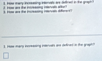 How many increasing interuals are defined in the graph? 
2. How are the increasing intervals alike? 
3. How are the increasing intervals different? 
1. How many increasing intervals are defined in the graph?