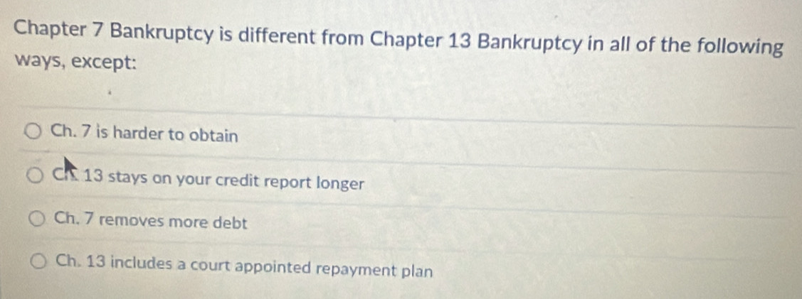 Chapter 7 Bankruptcy is different from Chapter 13 Bankruptcy in all of the following
ways, except:
Ch. 7 is harder to obtain
Ch 13 stays on your credit report longer
Ch. 7 removes more debt
Ch. 13 includes a court appointed repayment plan