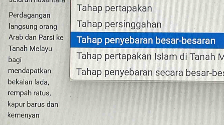 Tahap pertapakan 
Perdagangan 
langsung orang Tahap persinggahan 
Arab dan Parsi ke Tahap penyebaran besar-besaran 
Tanah Melayu 
bagi 
Tahap pertapakan Islam di Tanah M 
mendapatkan Tahap penyebaran secara besar-be: 
bekalan lada, 
rempah ratus, 
kapur barus dan 
kemenyan