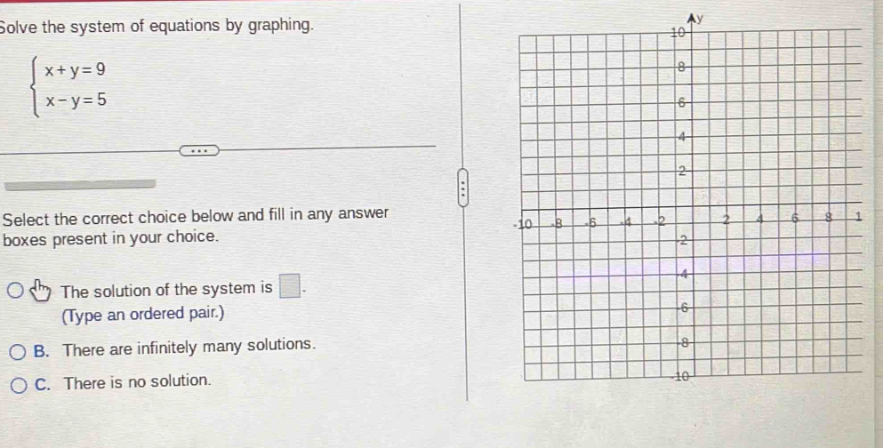 Solve the system of equations by graphing. y
beginarrayl x+y=9 x-y=5endarray.
Select the correct choice below and fill in any answer
boxes present in your choice.
The solution of the system is □. 
(Type an ordered pair.)
B. There are infinitely many solutions.
C. There is no solution.