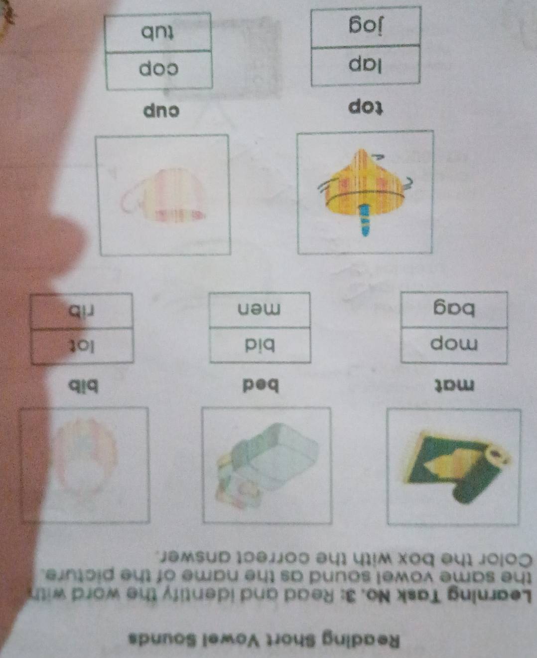 Reading Short Vowel Sounds
Learning Task No. 3: Read and identify the word with
the same vowel sound as the name of the picture.
Color the box with the correct answer.
mat bed bib
mop bid lot
bag men rib
top cup
lap cop
jog
tub