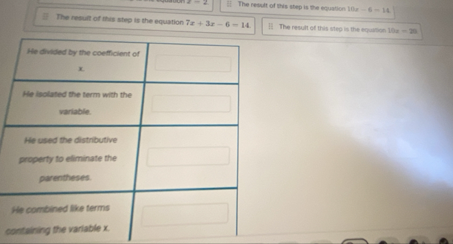 x=2 The result of this step is the equation 10x-6=14
The result of this step is the equation 7x+3x-6=14. The result of this step is the equation 10z=20
c