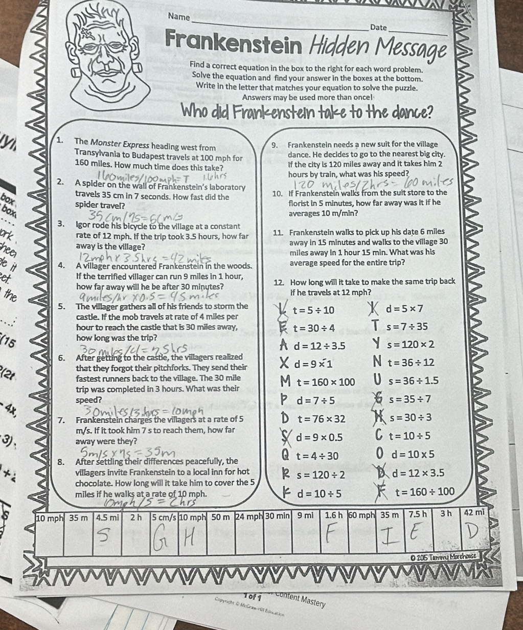 Solved: Name Date Frankenstein Hidden Message Find a correct equation ...