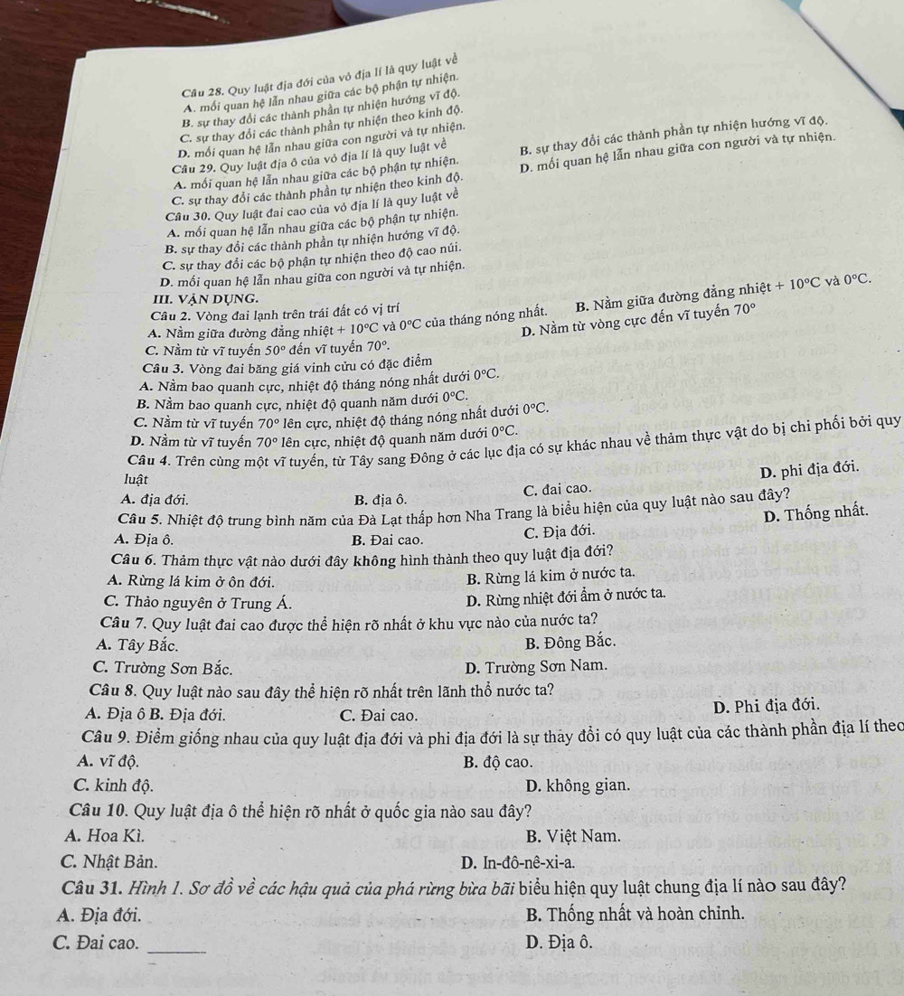 Cầu 28. Quy luật địa đới của vỏ địa lí là quy luật về
A. mối quan hệ lẫn nhau giữa các bộ phận tự nhiện.
B. sự thay đổi các thành phần tự nhiện hướng vĩ độ.
C. sự thay đổi các thành phần tự nhiện theo kinh độ.
D. mối quan hệ lẫn nhau giữa con người và tự nhiện.
Câu 29. Quy luật địa ô của vỏ địa lí là quy luật về B. sự thay đổi các thành phần tự nhiện hướng vĩ độ.
C. sự thay đổi các thành phần tự nhiện theo kinh độ. D. mối quan hệ lẫn nhau giữa con người và tự nhiện.
A. mối quan hệ lẫn nhau giữa các bộ phận tự nhiện.
Câu 30. Quy luật đai cao của vỏ địa lí là quy luật về
A. mối quan hệ lẫn nhau giữa các bộ phận tự nhiện.
B. sự thay đổi các thành phần tự nhiện hướng vĩ độ.
C. sự thay đổi các bộ phận tự nhiện theo độ cao núi.
D. mối quan hệ lẫn nhau giữa con người và tự nhiện.
III. Vận Dụng.
A. Nằm giữa đường đẳng nhi e t+10°C và 0°C của tháng nóng nhất. B. Nằm giữa đường đẳng nhiệt
+10°C và 0°C.
Cầu 2. Vòng đai lạnh trên trái đất có vị trí
D. Nằm từ vòng cực đến vĩ tuyến 70°
C. Nằm từ vĩ tuyến 50° đến vĩ tuyến 70°.
Câu 3. Vòng đai băng giá vinh cửu có đặc điểm
A. Nằm bao quanh cực, nhiệt độ tháng nóng nhất dưới 0°C.
B. Nằm bao quanh cực, nhiệt độ quanh năm dưới 0°C.
C. Nằm từ vĩ tuyến 70° lên cực, nhiệt độ tháng nóng nhất dưới 0°C.
D. Nằm từ vĩ tuyển 70° lên cực, nhiệt độ quanh năm dưới 0°C.
Câu 4. Trên cùng m TT tuyến, từ Tây sang Đông ở các lục địa có sự khác nhau về thảm thực vật do bị chi phối bởi quy
luật
C. đai cao. D. phi địa đới.
A. địa đới. B. địa ô.
Cầu 5. Nhiệt độ trung bình năm của Đà Lạt thấp hơn Nha Trang là biểu hiện của quy luật nào sau đây?
A. Địa ô. B. Đai cao.
C. Địa đới. D. Thống nhất.
Câu 6. Thảm thực vật nào dưới đây không hình thành theo quy luật địa đới?
A. Rừng lá kim ở ôn đới.
B. Rừng lá kim ở nước ta.
C. Thảo nguyên ở Trung Á.
D. Rừng nhiệt đới ẩm ở nước ta.
Câu 7. Quy luật đai cao được thể hiện rõ nhất ở khu vực nào của nước ta?
A. Tây Bắc. B. Đông Bắc.
C. Trường Sơn Bắc. D. Trường Sơn Nam.
Câu 8. Quy luật nào sau đây thể hiện rõ nhất trên lãnh thổ nước ta?
A. Địa ô B. Địa đới. C. Đai cao.
D. Phi địa đới.
Câu 9. Điểm giống nhau của quy luật địa đới và phi địa đới là sự thay đổi có quy luật của các thành phần địa lí theo
A. vĩ độ. B. độ cao.
C. kinh độ. D. không gian.
Câu 10. Quy luật địa ô thể hiện rõ nhất ở quốc gia nào sau đây?
A. Hoa Kì. B. Việt Nam.
C. Nhật Bản. D. In-đô-nê-xi-a.
Câu 31. Hình 1. Sơ đồ về các hậu quả của phá rừng bừa bãi biểu hiện quy luật chung địa lí nào sau đây?
A. Địa đới. B. Thống nhất và hoàn chỉnh.
C. Đai cao. _D. Địa ô.